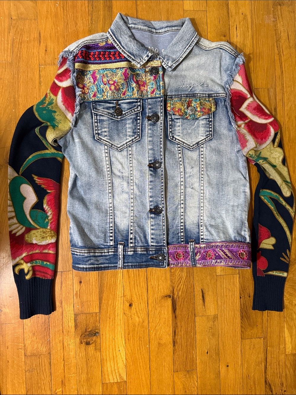 Desigual Mixed Denim & Floral Knit Jacket - Blue, Black, Red, Green - Picture 3 of 6
